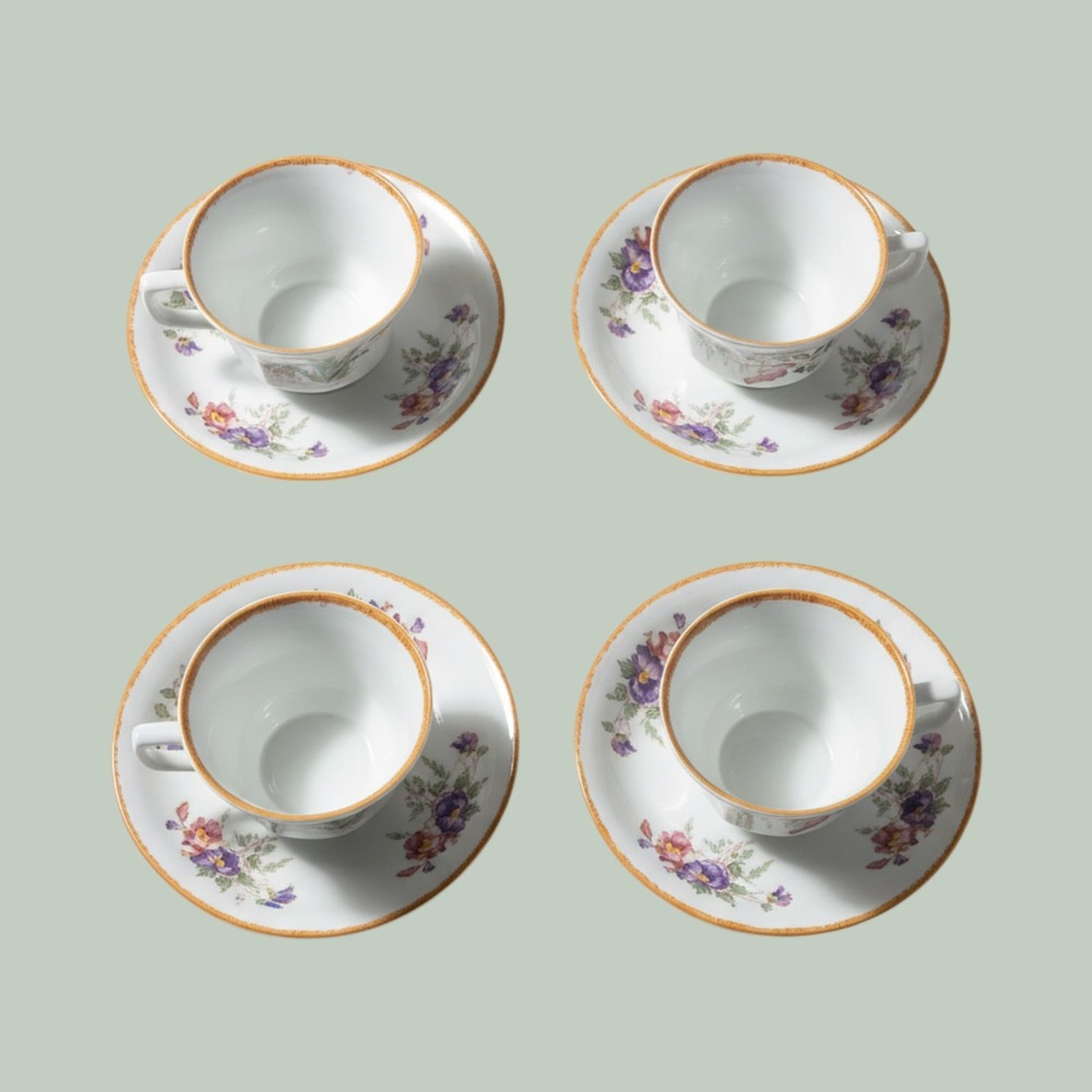 Wedgwood Devon Rose Tea Cup and Saucer Set of 4 Vintage Fine Bone China England